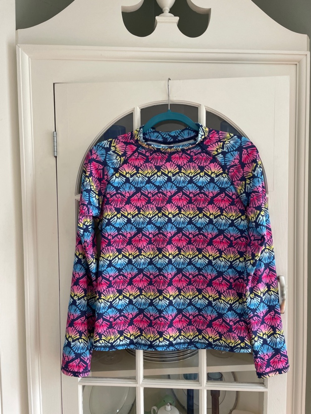 Lands' End Swim Top Aqua Floral Burst Print size: XL Youth/Girls